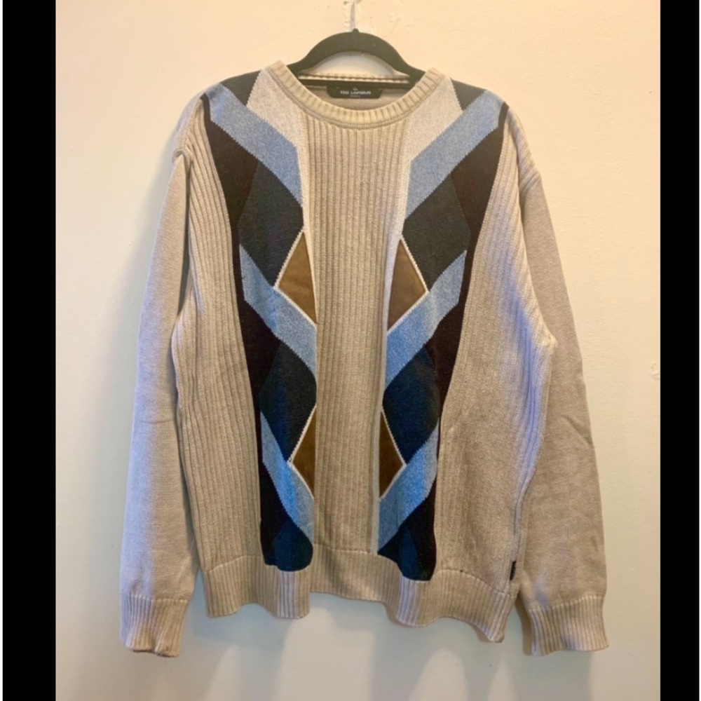 Ted Lapidus Paris Men’s Sweater XL Argyle Print Beige Grey Cotton Crew Neck